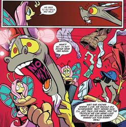 Size: 820x830 | Tagged: safe, artist:andypriceart, idw, official comic, discord, fluttershy, butterfly pony, draconequus, pony, g4, spoiler:comic, spoiler:comic77, antennae, butterfly wings, comic, female, flutterfly, magnum p.i., male, mare, panic attack, panicking, red background, simple background, species swap, speech bubble, sunglasses