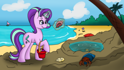 Size: 1280x720 | Tagged: safe, artist:cadetredshirt, starlight glimmer, crab, pony, sand dollar (species), unicorn, g4, beach, cloud, female, magic, mare, ocean, pail, palm tree, reformed starlight, seashell, simple background, smiling, solo, tide pools, tree