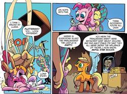 Size: 817x604 | Tagged: safe, artist:andypriceart, idw, official comic, apple bloom, applejack, cha cha, discord, fluttershy, pinkie pie, scootaloo, sweetie belle, butterfly pony, draconequus, earth pony, flutter pony, pony, g4, spoiler:comic, spoiler:comic77, antennae, blue background, butterfly wings, comic, cutie mark crusaders, female, flutterfly, male, mare, mask, simple background, snow white and the seven dwarfs, species swap, speech bubble, the mask, the mask of loki