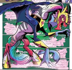 Size: 838x819 | Tagged: safe, artist:andypriceart, idw, official comic, big macintosh, cosmos, princess cadance, princess celestia, princess luna, twilight sparkle, zecora, alicorn, draconequus, pony, g4, spoiler:comic, spoiler:comic77, abomination, antagonist, bracer, cosmageddon, ear piercing, earring, female, fusion, green background, helmet, hoof shoes, hybrid wings, jewelry, monster, nightmare fuel, peytral, piercing, simple background, solo, spread wings, stinger, transformation, twilight sparkle (alicorn), what has magic done, wing claws, wings