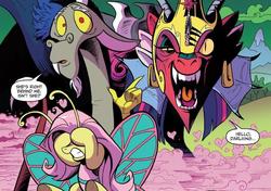 Size: 851x599 | Tagged: safe, artist:andypriceart, idw, official comic, big macintosh, cosmos, discord, fluttershy, princess cadance, princess celestia, princess luna, twilight sparkle, zecora, butterfly pony, draconequus, pony, g4, spoiler:comic, spoiler:comic77, adorable distress, antennae, butterfly wings, cosmageddon, covering eyes, creepy, cute, dialogue, discute, ear piercing, earring, fangs, female, flutterfly, helmet, jesus christ how horrifying, jewelry, male, mare, multiple ears, nightmare fuel, open mouth, piercing, scared, smoke, species swap, speech bubble, trio, underhoof