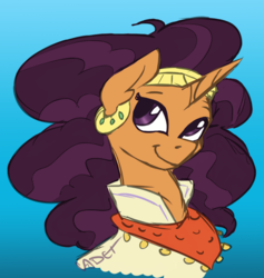 Size: 945x997 | Tagged: safe, artist:cadetredshirt, saffron masala, pony, unicorn, g4, bust, colored sketch, ear piercing, earring, female, fluffy mane, gradient background, jewelry, mare, piercing, simple background, smiling, smirk, solo