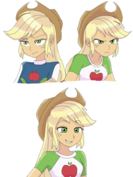 Size: 960x1280 | Tagged: safe, artist:haibaratomoe, applejack, equestria girls, g4, my little pony equestria girls: better together, angry, female, smiling, solo, unamused