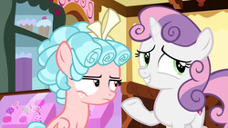 Size: 1280x720 | Tagged: safe, screencap, cozy glow, sweetie belle, pegasus, pony, g4, marks for effort, cozy glow is not amused, female, filly, foal