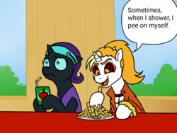 Size: 1439x1080 | Tagged: safe, artist:pony quarantine, editor:apex soundwave, oc, oc only, oc:dyx, oc:nyx, alicorn, pony, alicorn oc, disgruntled, disturbed, duo, dyx upsetting nyx, eating, exploitable meme, food, french fries, implied urine, juice, juice box, meme