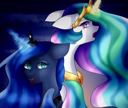 Size: 2140x1800 | Tagged: safe, artist:verbamagistri, princess celestia, princess luna, alicorn, pony, g4, abstract background, crown, duo, ethereal mane, female, floppy ears, glowing horn, horn, jewelry, looking at you, looking back, mare, open mouth, regalia, royal sisters, sisters