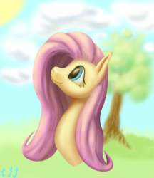 Size: 1011x1172 | Tagged: safe, artist:tyf2213, fluttershy, pony, g4, bust, cloud, female, looking up, mare, profile, smiling, solo, sun, tree
