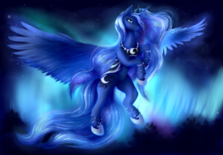 Size: 5800x4042 | Tagged: safe, artist:pabelka-belka, princess luna, alicorn, pony, g4, absurd resolution, armor, aurora borealis, ethereal mane, female, flying, hair over one eye, jewelry, looking at you, mare, night, regalia, smiling, solo, spread wings, starry mane, starry wings, wings