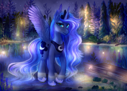 Size: 3200x2300 | Tagged: safe, artist:pabelka-belka, princess luna, alicorn, firefly (insect), pony, g4, ear fluff, ethereal mane, female, forest, high res, jewelry, lake, lidded eyes, looking at you, mare, night, regalia, solo, spread wings, starry mane, wings