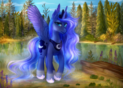 Size: 3200x2300 | Tagged: safe, alternate version, artist:pabelka-belka, princess luna, alicorn, pony, g4, day, ethereal mane, female, forest, high res, jewelry, lake, lidded eyes, looking at you, mare, regalia, solo, spread wings, starry mane, wings