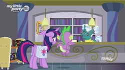 Size: 1920x1080 | Tagged: safe, screencap, bellflower blurb, spike, twilight sparkle, alicorn, dragon, pony, unicorn, g4, the point of no return, book, clothes, female, glasses, mare, saddle bag, sweater, twilight sparkle (alicorn), winged spike, wings