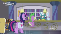 Size: 1920x1080 | Tagged: safe, screencap, bellflower blurb, spike, twilight sparkle, alicorn, dragon, pony, unicorn, g4, the point of no return, book, butt, clothes, desk, female, glasses, lamp, librarian, library, mare, plot, saddle bag, spider web, sweater, twibutt, twilight sparkle (alicorn), winged spike, wings