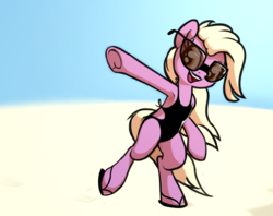 Size: 1192x943 | Tagged: safe, artist:wenni, grace manewitz, pony, semi-anthro, g4, arm hooves, armpits, beach, bipedal, clothes, cute, female, flip-flops, frog (hoof), happy, looking back, mare, one-piece swimsuit, open mouth, open-back swimsuit, sand, sandals, smiling, solo, sunglasses, swimsuit, underhoof
