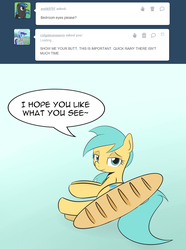 Size: 750x1010 | Tagged: safe, artist:datahmedz, sunshower raindrops, pegasus, pony, raindropsanswers, g4, ask, bread, female, food, solo, that pony sure does love bread, tumblr