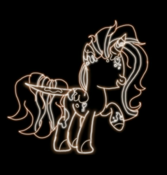 Size: 800x838 | Tagged: safe, artist:skycloud, oc, oc only, oc:spotty lionmane, pony, unicorn, female, glowing, horn, leonine tail, lineart, mare, neon, no eyes, open mouth, raised hoof, spots, two toned mane, two toned tail