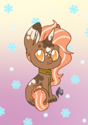 Size: 899x1280 | Tagged: safe, artist:lilac love, oc, oc only, oc:spotty lionmane, pony, unicorn, chibi, clothes, female, gradient background, horn, leonine tail, looking at you, mare, no pupils, open mouth, scarf, signature, sitting, snow, spots, two toned mane, two toned tail