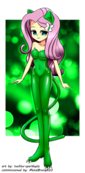 Size: 660x1340 | Tagged: safe, artist:twilite-sparkleplz, fluttershy, equestria girls, g4, bare shoulders, breasts, butterfly hairpin, cat ears, cat tail, catgirl, catsuit, female, latex, latex suit, sexy, simple background, sleeveless, solo, strapless, unitard