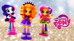Size: 1280x720 | Tagged: safe, adagio dazzle, fluttershy, rarity, equestria girls, g4, my little pony equestria girls: rainbow rocks, dazzling, doll, equestria girls minis, female, irl, logo, minis, my little pony, photo, style, toy