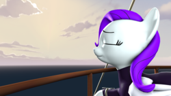Size: 3840x2160 | Tagged: safe, artist:awgear, oc, oc:morning glory (project horizons), pegasus, pony, fallout equestria, 3d, boat, body armor, clothes, cloud, eyebrows, eyes closed, gray coat, high res, ocean, purple mane, ship, sky, smiling, source filmmaker, wallpaper