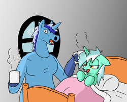 Size: 500x400 | Tagged: safe, artist:kushina13, lyra heartstrings, minuette, human, pony, unicorn, g4, bed, disguise, fake minuette, female, in bed, mare, mug, ponysuit, sick