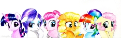 Size: 4128x1323 | Tagged: safe, artist:liaaqila, applejack, fluttershy, pinkie pie, rainbow dash, rarity, twilight sparkle, pony, g4, alternate hairstyle, floppy ears, mane six, traditional art