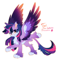 Size: 1243x1280 | Tagged: safe, artist:hioshiru, twilight sparkle, alicorn, pony, sphinx, g4, alternate design, chest fluff, curved horn, cute, ear fluff, fangs, fluffy, horn, leg fluff, leonine tail, multicolored hair, paws, species swap, sphinxified, tail fluff, twilight sparkle (alicorn)