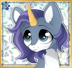 Size: 1500x1430 | Tagged: safe, artist:radioaxi, oc, oc only, pony, unicorn, blue eyes, blue mane, bust, colored horn, colored pinnae, commission, ear fluff, facial markings, frame, horn, looking away, pale belly, portrait, smiling, solo, three quarter view