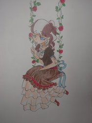 Size: 900x1200 | Tagged: safe, artist:laceymod, oc, oc only, oc:lovelace, human, clothes, female, flower, human female, humanized, ponytail, shoes, skirt, solo, traditional art, wings