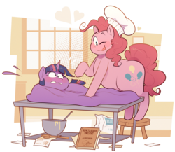 Size: 3070x2660 | Tagged: safe, artist:secretgoombaman12345, pinkie pie, twilight sparkle, earth pony, pony, unicorn, g4, balloonbutt, book, butt, chubby, cooking, derp, dough, food transformation, high res, kneading, plot, transformation