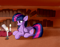 Size: 1020x792 | Tagged: safe, artist:d.w.h.cn, twilight sparkle, alicorn, pony, g4, backwards cutie mark, book, bookshelf, candle, chest fluff, female, reading, solo, twilight sparkle (alicorn)