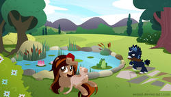 Size: 1024x581 | Tagged: safe, artist:seiani, oc, oc only, oc:blue dust, oc:lightning star, cat, earth pony, frog, pony, unicorn, colt, female, male, mare, mouth hold, pond, wooden sword