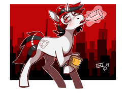 Size: 800x600 | Tagged: safe, artist:scarfyace, oc, oc only, oc:blackjack, pony, unicorn, fallout equestria, fallout equestria: project horizons, alcohol, black hair, black mane, city, cityscape, drunk, female, levitation, magic, mare, one eye closed, red eyes, red hair, red mane, solo, striped mane, telekinesis, white coat, wink