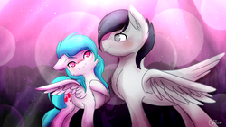 Size: 1920x1080 | Tagged: safe, artist:cottonheart05, oc, oc only, oc:cotton heart, hippogriff, pegasus, pony, female, flirting, hippogriff oc, in love, male, oc x oc, shipping, straight