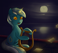 Size: 3099x2799 | Tagged: safe, artist:yunnecora, lyra heartstrings, pony, unicorn, g4, dark, high res, lyre, magic, moon, moonlight, musical instrument, night, playing instrument, water