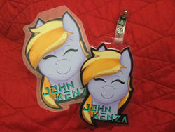Size: 1024x768 | Tagged: safe, artist:cadetredshirt, oc, oc only, oc:kenza, pony, badge, bust, convention, irl, laminated, photo, smiling, solo
