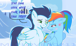 Size: 1280x771 | Tagged: dead source, safe, artist:mlplover0711, rainbow dash, soarin', pony, g4, alternate hairstyle, base used, blushing, cloud, cross-popping veins, female, madorable, male, ship:soarindash, shipping, straight, watermark, wavy mouth