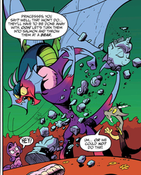 Size: 1301x1618 | Tagged: safe, artist:andypriceart, idw, official comic, cosmos, discord, princess celestia, draconequus, pegasus, pony, g4, spoiler:comic, spoiler:comic77, female, green sky, male, mare, rubble, speech bubble, spread wings, statue, trio, wings