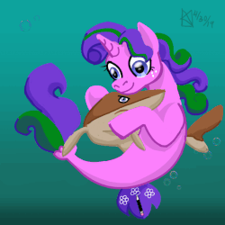Size: 560x560 | Tagged: safe, artist:kelseyleah, oc, oc only, oc:daisy daedal, pony, seapony (g4), shark, animated, bubble, cute, female, gif, hug