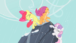 Size: 1280x720 | Tagged: safe, screencap, apple bloom, scootaloo, sweetie belle, earth pony, pegasus, pony, unicorn, g4, the show stoppers, cutie mark crusaders, female, filly, foal, rope, snow, trio, wind