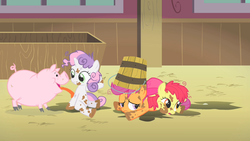 Size: 1280x720 | Tagged: safe, screencap, apple bloom, scootaloo, sweetie belle, earth pony, pegasus, pig, pony, unicorn, g4, the show stoppers, animal, bucket, cloven hooves, cutie mark crusaders, dirty, female, filly, foal, licking, mud, sitting, tongue out