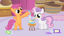 Size: 1280x720 | Tagged: safe, screencap, scootaloo, sweetie belle, pegasus, pony, unicorn, g4, the show stoppers, bipedal, bowl, cute, cutealoo, duo, female, filly, foal, hoof hold, mixing, mouth hold, stool