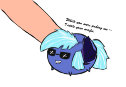 Size: 757x522 | Tagged: safe, artist:uncreative, oc, oc only, oc:blue blur, bat pony, blob, chibi, female, grin, poking, smiling, sunglasses, touch
