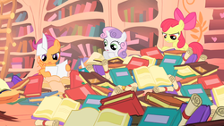Size: 1280x720 | Tagged: safe, screencap, apple bloom, scootaloo, sweetie belle, earth pony, pegasus, pony, unicorn, g4, the show stoppers, book, bookshelf, cutie mark crusaders, female, filly, foal, golden oaks library, library, mess, scroll, trio