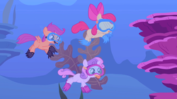 Size: 1280x720 | Tagged: safe, screencap, apple bloom, scootaloo, sweetie belle, earth pony, pegasus, pony, unicorn, g4, the show stoppers, coral, cutie mark crusaders, dive mask, female, filly, foal, scuba gear, snorkel, snorkeling, trio, underwater