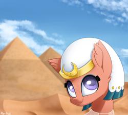 Size: 2590x2332 | Tagged: safe, artist:puetsua, somnambula, pegasus, pony, g4, bust, cloud, cute, desert, ear fluff, female, high res, mare, pyramid, pyramids of giza, smiling, solo, somnambetes