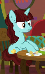 Size: 260x421 | Tagged: safe, screencap, say cheese, pony, unicorn, g4, the point of no return, background pony, cropped, dish, female, mare, sitting, solo, the tasty treat