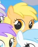 Size: 134x163 | Tagged: safe, screencap, alula, cotton cloudy, mango dash, pluto, sweet pop, pony, g4, the cutie mark chronicles, background pony, cropped, female, filly, foal, looking at you, mangobetes, picture for breezies, solo focus