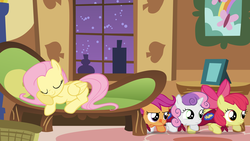 Size: 1920x1080 | Tagged: safe, screencap, apple bloom, fluttershy, scootaloo, sweetie belle, earth pony, pegasus, pony, unicorn, g4, stare master, cape, clothes, cmc cape, couch, cutie mark crusaders, eyes closed, fainting couch, female, filly, fluttershy's cottage, foal, licking, licking lips, mare, sleeping, sneaking, tongue out