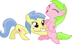 Size: 4876x3000 | Tagged: safe, artist:sollace, apple flora, sweet tooth, earth pony, pony, apple family reunion, g4, .svg available, apple family member, candy caramel tooth, cute, duo, female, filly, foal, ha, laughing, open mouth, show accurate, simple background, smiling, tickling, transparent background, vector