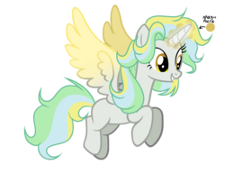 Size: 600x462 | Tagged: dead source, safe, artist:rainbows-skies, oc, oc only, oc:golden daze, oc:golden star, oc:water star, alicorn, pony, alicorn oc, colored wings, female, fusion, golden eyes, gradient wings, magic, magic aura, mare, simple background, smiling, solo, spread wings, transparent background, wings